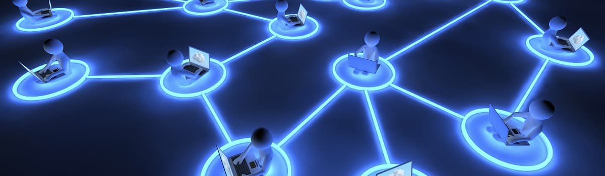 CGI figurines working, connected by neon lights