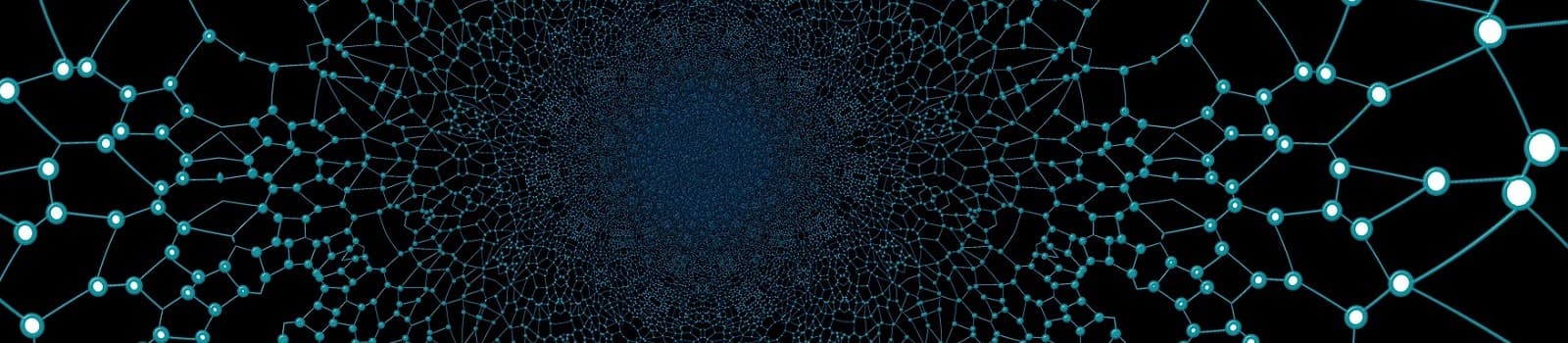 Abstract blue network grid forming a tunnel on a dark background.